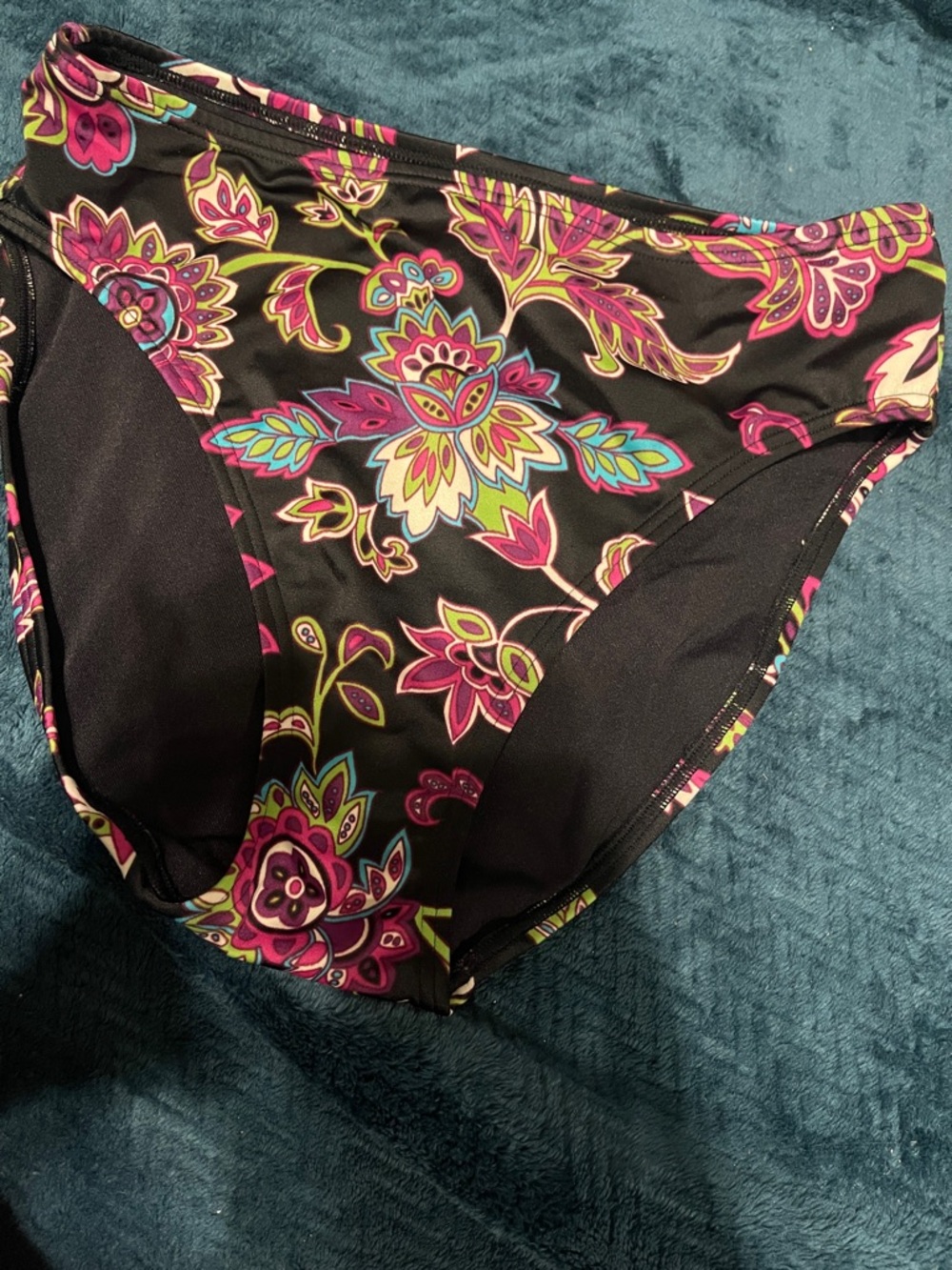 Floral Print Bikini Bottoms - Black with Pink, Teal & Purple